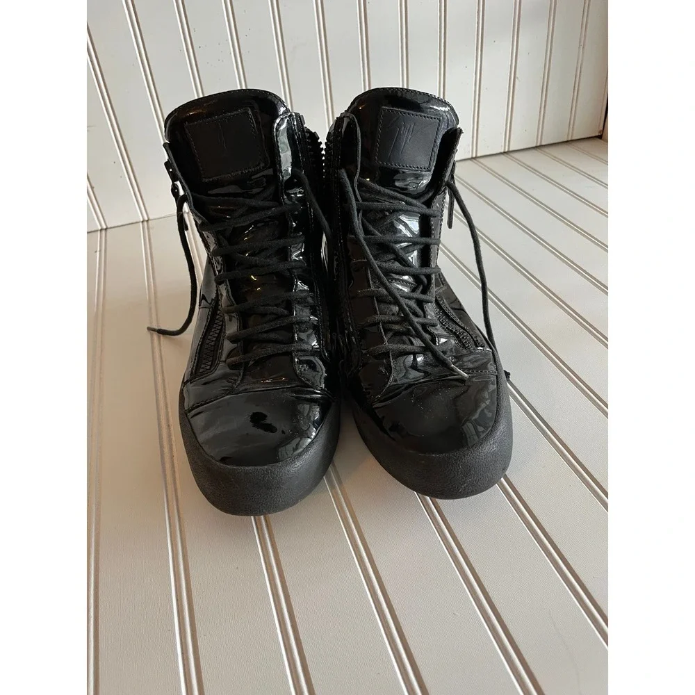 Giuseppe Zanotti Mens Black Patent Leather High Top Zip Sneakers Size 45 Italy